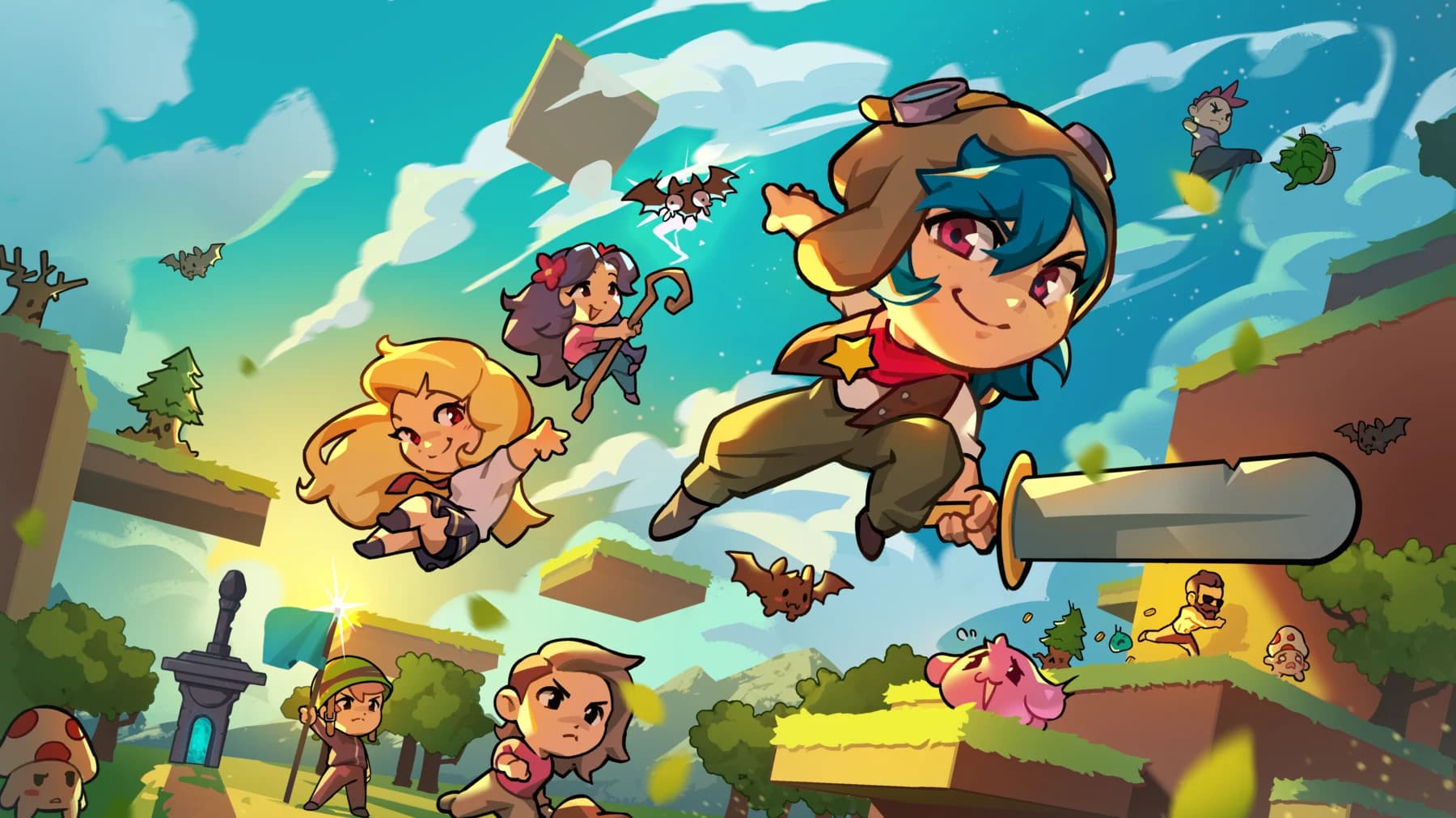 Onchain Heroes characters running through a colorful fantasy scene.